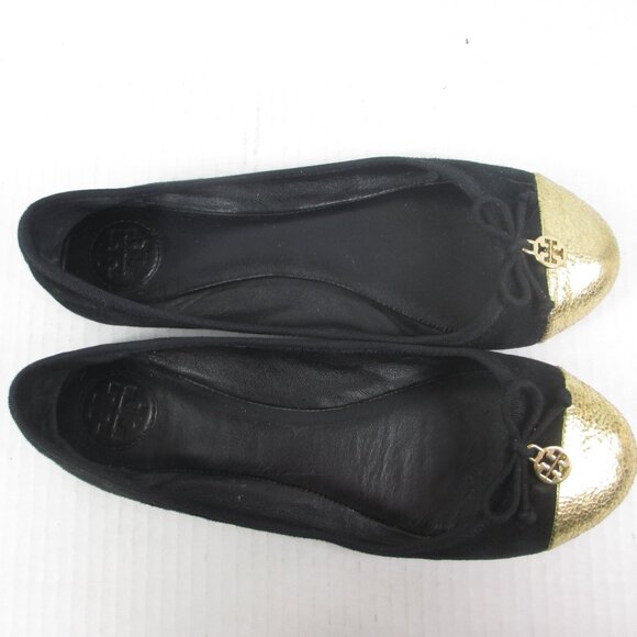 Tory Burch CHELSEA Black Suede Gold Cap Toe Ballet Flats Size 7.5 - Picture 6 of 8
